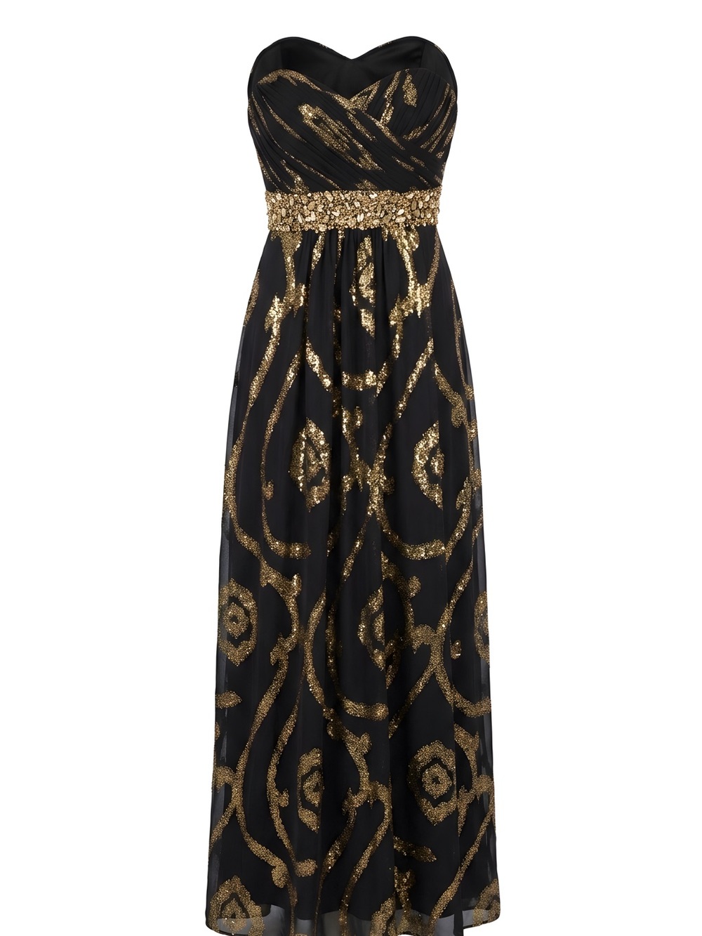Betsy & Adam Vintage Black and Gold Strapless Evening Gown with Jeweled Waist